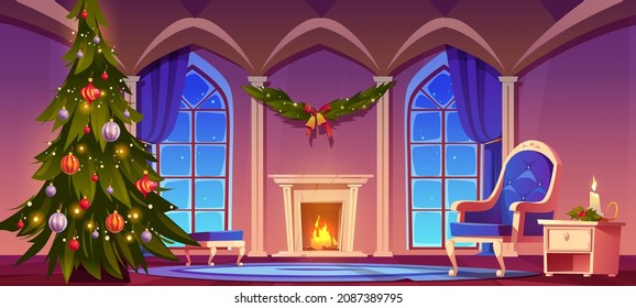 Room at Christmas night, empty home interior with burning fireplace, decorated fir tree with toys and glowing garlands, classic furniture and large arched windows, Xmas eve Cartoon vector illustration