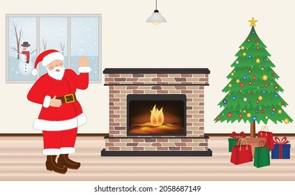 Room with Christmas tree and gifts, Santa waving, fireplace and snowman on the window. Winter Christmas scene, vector illustration