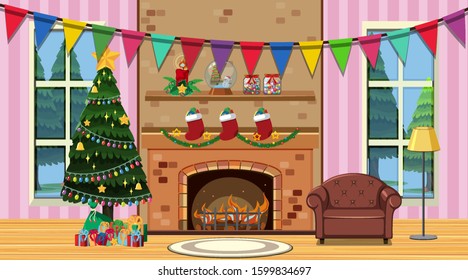 Room with christmas tree and sofa by fireplace illustration