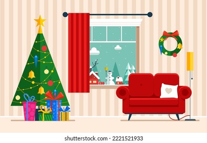 Room with Christmas tree and window with winter landscape. Flat cartoon style vector illustration.