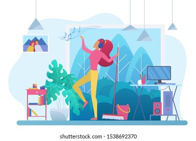 Room cleaning with music flat vector illustration. Young woman, housewife in headphones dancing with broom cartoon character. Girl listening music and doing housework. Fun chores, housekeeping