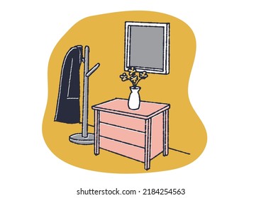 A room with a coat rack Interior illustration drawn with warm lines