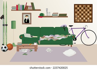 room with coffee table, coffee cup and croissant. Sofa, laptop, pillow and blanket. bookshelves with books, alarm clock and sports award. Sports accessories.