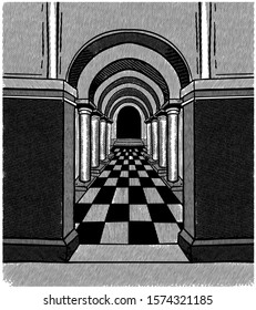 room with columns in perspective, retro ink illustration