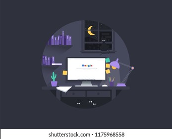 Room With Computer, Working, Surfing Internet Or Networking. Programmer, Designer Or Writer Night Job. Cat On The Window. Flat Design Vector Illustration.