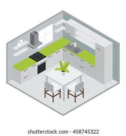 Room for cooking isometric design with white green kitchen furniture stove sink window tiled floor vector illustration