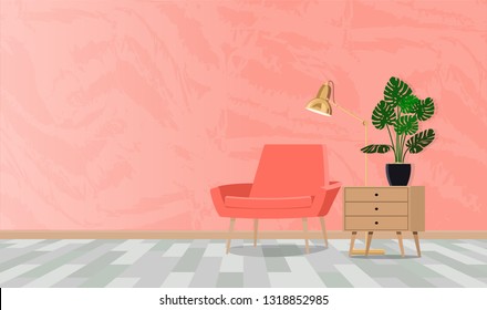 Room in coral tones with a composition of a chair with a lamp and a flower. Vector flat illustration.