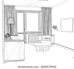 A room with a couch, a table, and a lamp. The room is empty and has a minimalist design