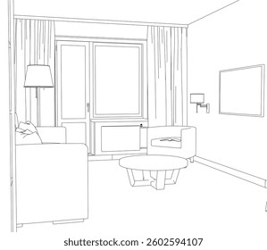 A room with a couch, a table, and a lamp. The room is empty and has a minimalist design