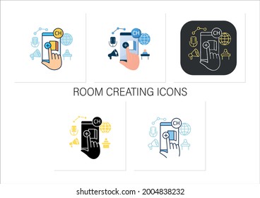 Room creating icons set. Creating own room in app. Inviting friends. Communication room , recording voice message. Collection of icons in linear, filled, color styles.Isolated vector illustrations