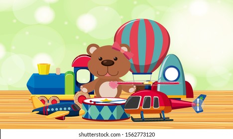 Room with cute toys on wooden floor illustration