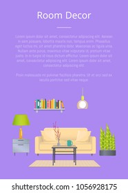 Room decor banner, colorful vector illustration isolated on lilac backdrop, text sample, modern room decoration, small plant, coffee table, cozy couch