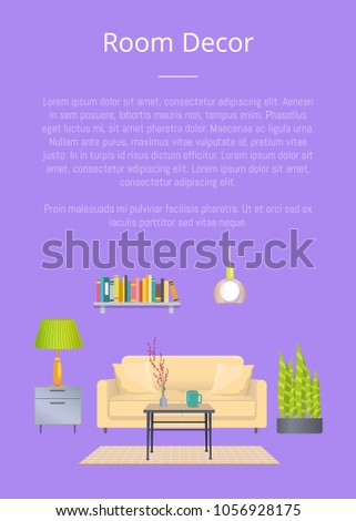Room decor banner, colorful vector illustration isolated on lilac backdrop, text sample, modern room decoration, small plant, coffee table, cozy couch