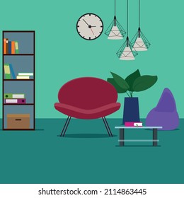 El interior de la habitación, con un cómodo sillón, biblioteca. Lámpara moderna y mesa baja. Diseño plano vectorial
