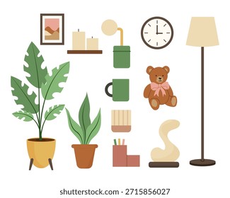 Room decor with plants, candles, clock, lamp, and teddy bear in a cozy setting