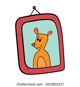 Room decor, portrait in frame with kangaroo on the wall. Cartoon illustration