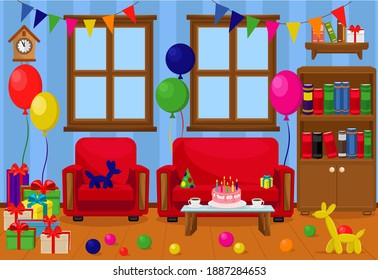 A room decorated for a birthday party. Vector illustration of the interior.