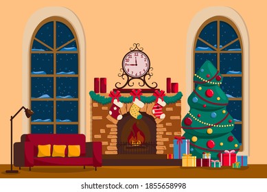 A room decorated for Christmas. Fireplace with candles and a clock and an elegant Christmas tree with gifts