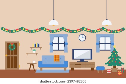 habitación decorada con un árbol de navidad