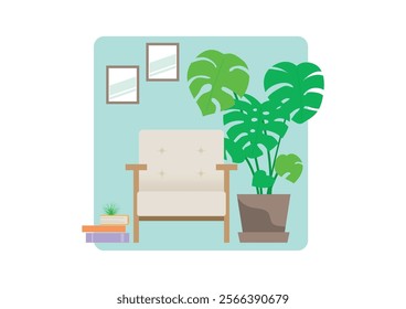 A room decorated with a single chair, a houseplant Monstera, books, and picture frames