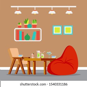 Room decorated wooden chair and big soft bag, fruit cocktails in glass, sweets and cup on table. 3D view of interior, shelf and pictures on wall vector