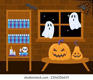 Room decoration for Halloween party vector illustration. Carved pumpkins, bookshelf with candles and magic books, ghosts, spiders and bats in haunted house. Ghoulish decor, Halloween concept