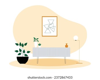 Room decoration with modern and minimalist concept, cupboard with potted plants, lamps and paintings, interior and furniture vector illustration.