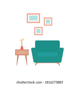 Room decoration objects. Paintings, table and armchair - Vector