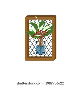 Room decoration wall hangings, flowers in a vase attached to a wooden frame. Vector illustration