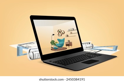 Room design and planning Building with virtual reality VR and BIM application technology on screen computer at home Interior decoration project order products, business shopping online for vector