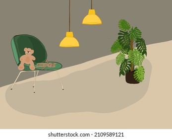 Room design: potted green, soft chair, teddy bear on the chair. Yellow light bulb. Interior.