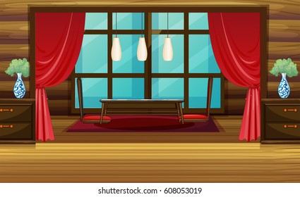 Room design with red curtain and seats illustration