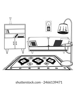 Raumgestaltung. Sofa, Uhr, Teppich mit Ornamenten, Stehlampe, Bücherregal. Alles ist handgezeichnet in Vektorgrafik in Schwarz auf weißem Hintergrund. Für den Druck auf Papier und Stoff, für die Innenarchitektur.