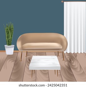 Room design with sofa and plant, vector
