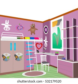 ?hildren's room design violet,children's room icon, interior room,symbol furniture, vector illustration