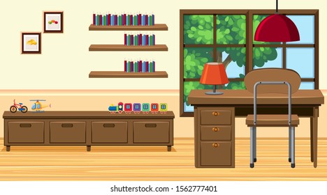 Room with desk and other wooden furniture illustration