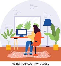 room with a desk person concept, Scandinavian style indoor plants vector color icon design, Green Office Worker symbol, Eco Friendly Workspace sign,aesthetic interior design element stock illustration