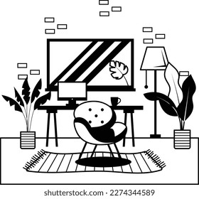 room with a desk without a person concept, Scandinavian style indoor plants vector icon design, Serviced Office symbol, comfortable workspace sign,Modern interior design element stock illustration