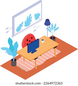 room with a desk without a person isometric concept, Scandinavian style indoor plants vector color icon design, Green Office symbol, Eco Friendly Workspace sign,Modern interior design element stock