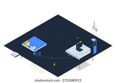 A room display shows a bed, a desk with a computer, a shelf, and some boxes. Lines connect the furniture, suggesting movement and interaction in a tech-centered environment.