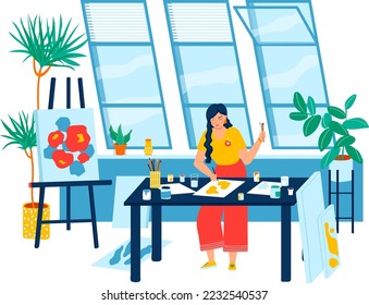 Room draw, window interior, studio hobby individual, easel painting, isolated on white, design, flat style vector illustration.