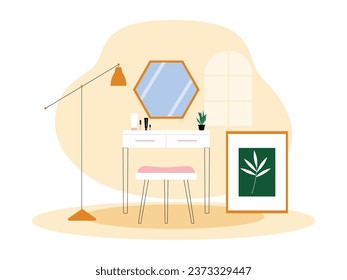 Room for dressing up, modern minimalist concept with a feminine impression of pink, lamps and paintings placed next to the dressing table, vector illustration of interior and furniture.