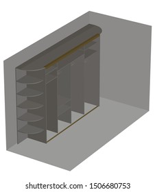 Room element with wardrobe. Many shelves and hangers for clothes. Flat style. View isometric. Vector illustration.