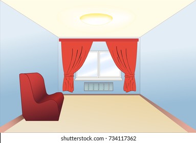 The room is empty with a sofa and a window with curtains