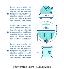 Room facilities and amenities article page vector template. Hotel, hostel, motel services. Brochure, magazine, booklet design element with text. Air conditioner, safe, wi-fi. Print concept design