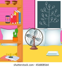 room with fan and decorative sheets