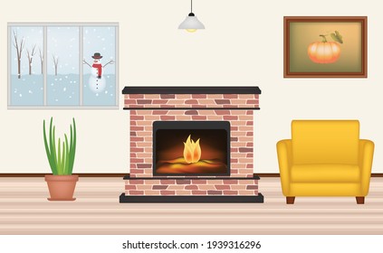 Room with fireplace, armchair, canvas painting, plants and snowman on the window in winter, vector illustration