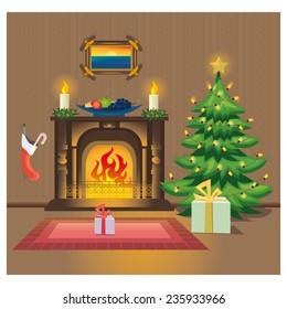 Room with fireplace and Christmas tree.