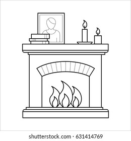 Room fireplace for firewood in outline style. House interior element for home decoration in thin linear style. Flat vector outline illustration isolated on white background.