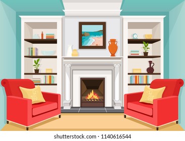 Room with fireplace, flat interior, colorful drawing, vector illustration. living room with burning fire, cabinets with vases, books and potted plants, picture, and two red armchairs with pillows
